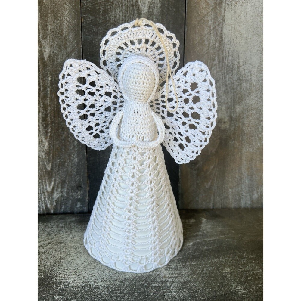 Vintage Crocheted Starched Angel Christmas Tree Topper  10” Tall Hand Made USA